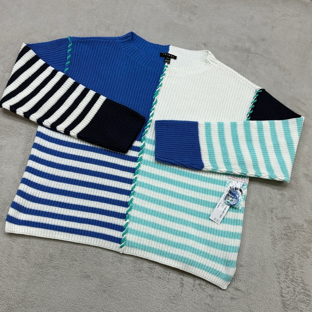 Tribal Sweater Women XL Blue White Seashore Colorblock Whipstitch Coastal Preppy